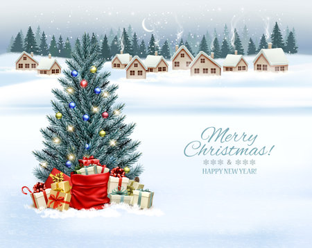 Holiday Christmas and Happy New Year background with a winter village and  christmas tree and colorful presents. Vector.のイラスト素材