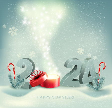 Christmas holiday and Happy New Year background with a 2024 numbers and magic box. Vector.のイラスト素材