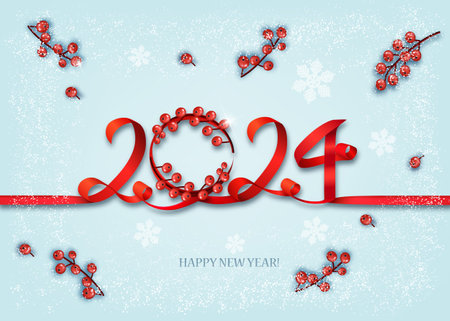 Merry Christmas and Happy New Year background with 2024 Numbers from red ribbon and a wreath of Christmas tree branches. Festive realistic design. Holiday party 2024. Vectorのイラスト素材