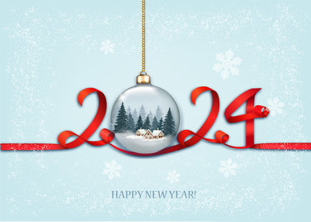 Merry Christmas and Happy New Year background with numbers 2024 from a red ribbon and a transparent ball with a landscape of a winter village inside the ball. Festive realistic design. Vectorのイラスト素材