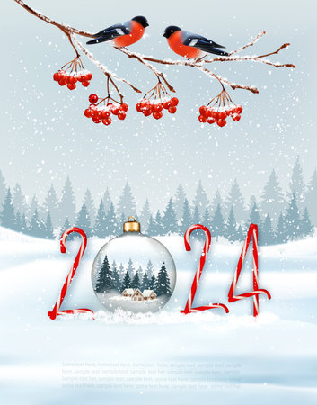 Holiday Christmas background and Happy New Year with red bullfinches on a branch of a Christmas tree and 2024 numbers with transparent ball. Vectorのイラスト素材