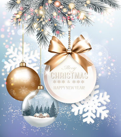 Holiday Christmas background with snowflakes and a colorful transparent balls. Vectorのイラスト素材