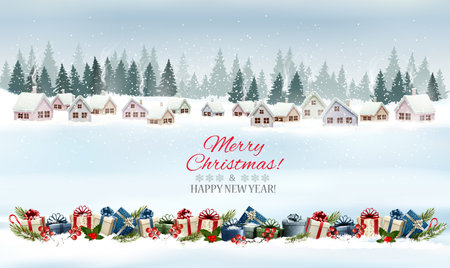 Holiday Christmas and Happy New Year panorama with a winter village and christmas gift boxes with branches of tree. Vector.のイラスト素材