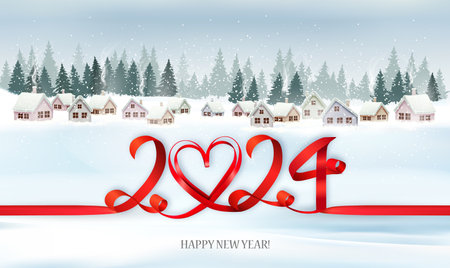Holiday Christmas and Happy New Year panorama with a winter village and red ribbon with 2024 numbers. Vector.のイラスト素材