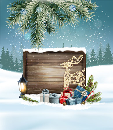 Merry Christmas and Happy New Year Holiday background with gift boxes, glowing deer and a wooden sign. Vector.のイラスト素材