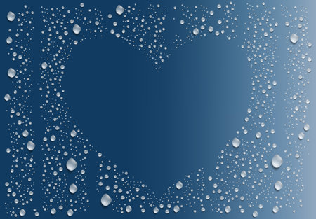 Realistic transparent water droplets raindrops framing a heart on the window glass. Vectorのイラスト素材