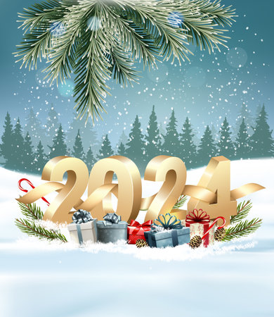 Happy New Year Holiday background with gift boxes and golden 2024 numbers. Vector.のイラスト素材