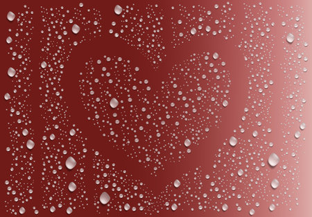 Realistic transparent water drops, raindrops on window glass and a heart outline. Valentine's Day holiday background. Concept of love. Vectorのイラスト素材
