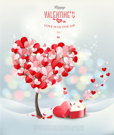 Valentine's Day background with heart shaped tree and open red heart shaped gift box. Vector.のイラスト素材
