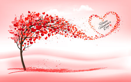 Festive background for Valentine's Day. Tree with heart-shaped leaves and leaves collected in the shape of a heart. Vectorのイラスト素材