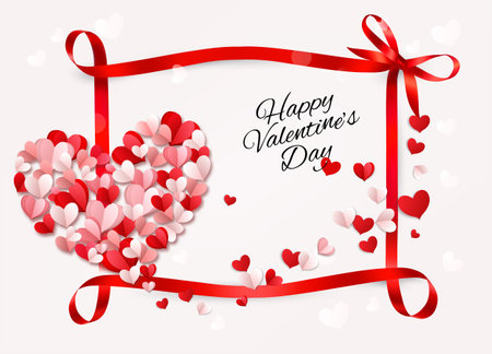 Happy Valentine's Day beautiful card with colorful hearts collected in the shape of a heart and a red ribbon with a bow. Vector.のイラスト素材