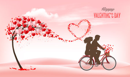 Valentine's Day holiday getting card with heart shape tree and couple in love on a bike. Vector.のイラスト素材