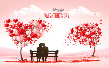 Valentine's Day holiday getting card with heart shape tree and couple in love on a bench. Concept of love. Vectorのイラスト素材