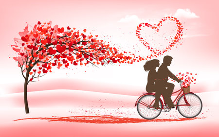 A Pink Holiday Valentine's Day background. Tree with heart-shaped leaves and bike with couple in love. Vectorのイラスト素材