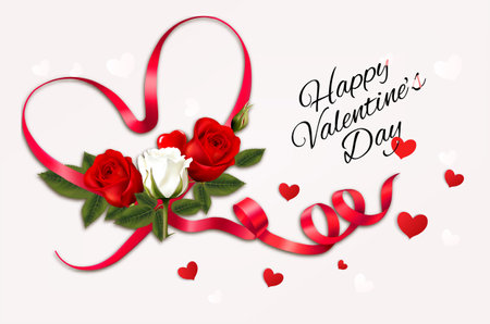 Happy Valentine's Day beautiful background with red and white roses and red heart shape ribbon Vector.のイラスト素材