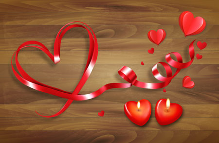 Valentine`s day holiday background. Red heart shape ribbon and two heart candles on wooden background. Vector.のイラスト素材
