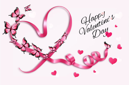 Happy Valentine's Day beautiful background with butterflies and a pink heart shape ribbon. Vector.のイラスト素材