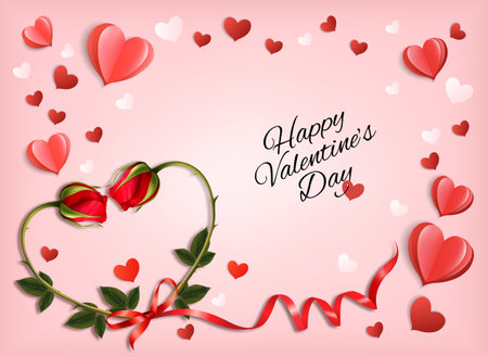 Valentine's Day holiday getting card with red roses shaped heart and paper hearts. Vector illustrationのイラスト素材