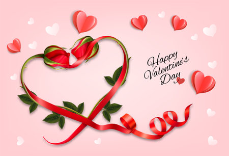 Valentine's Day holiday getting card with red roses shaped heart and paper hearts. Vector illustrationのイラスト素材