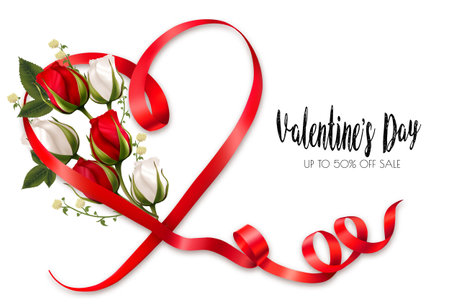 Beautiful holiday card with red and white roses and red ribbon. Vector.のイラスト素材