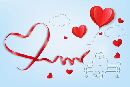 Happy Valentine's Day getting card with a red heart shape ribbon and couple in love. Vector.のイラスト素材