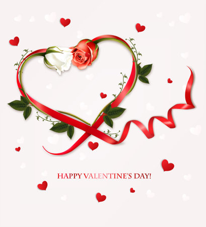 Happy Valentine's Day beautiful background with red and white roses and red heart shape ribbon Vector.のイラスト素材