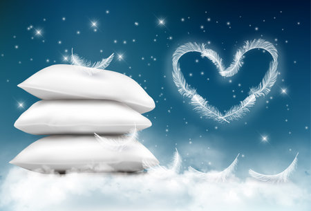 Background with pillows and white feathers. Sleeping concept. Feathers collected in the shape of a heart. Vector illustrationのイラスト素材