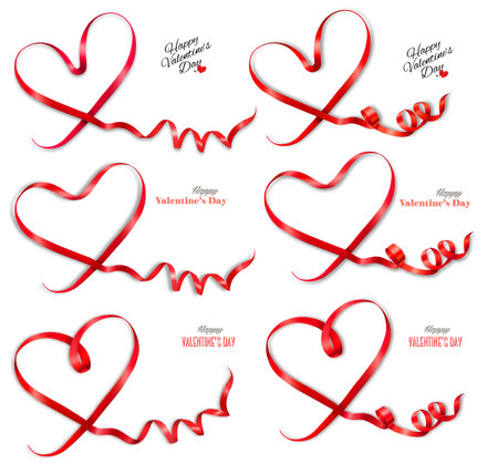 Mega set of gift cards with red ribbons shaped hearts. Valentine's day holiday card. Mother's day holiday card. Vector illustration.のイラスト素材