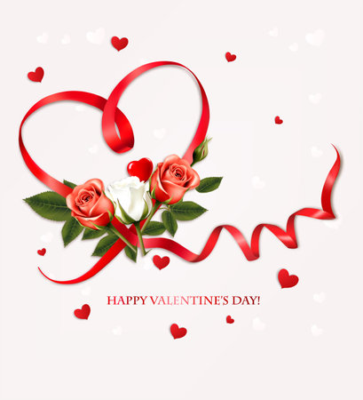 Happy Valentine's Day beautiful background with colorful roses and red heart shape ribbon Vector.のイラスト素材