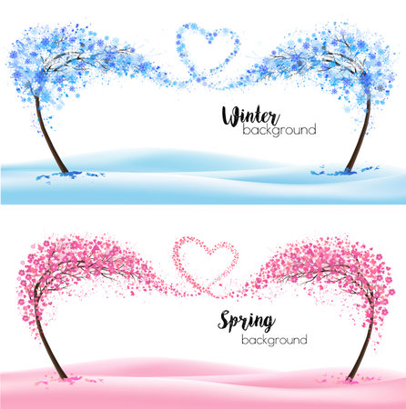 Two season nature backgrounds with stylized trees representing a season - winter and spring. Trees with flying snowflakes and spring flowers collected in the shape of a heart. Vector.のイラスト素材