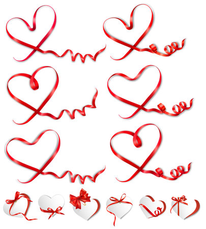 Mega set of gift cards with red ribbons shaped hearts. Valentine's day holiday card. Mother's day holiday card. Vector illustration.のイラスト素材