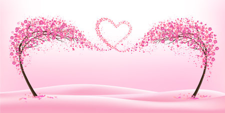 Spring Natural background with stylized trees representing the season - spring. Trees with spring flying flowers collected in the shape of a heart. Vector.のイラスト素材