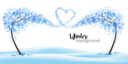 Winter nature background with stylized trees representing the season - winter. Trees with snowflakes collected in the shape of a heart. Vector.のイラスト素材