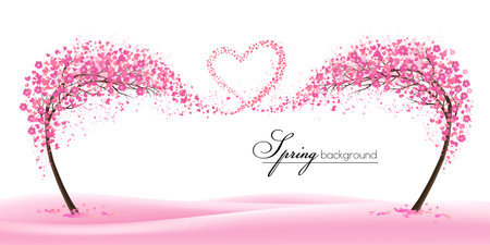 Spring Natural background with stylized trees representing the season - spring. Trees with spring flying flowers collected in the shape of a heart. Vector.のイラスト素材