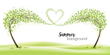 Summer background with stylized trees representing the season - summer. Trees with summer flying flowers and leaves collected in the shape of a heart. Vector.のイラスト素材