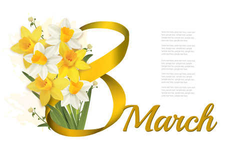 8th March illustration. Holiday background with yellow and white flowers daffodils and gold ribbon. Vector.のイラスト素材