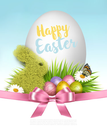 Happy Easter background. Colorful eggs and a rabbit made of green grass on a background of spring flowers and butterflies. Vectorのイラスト素材
