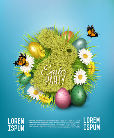 Holiday easter party flyer with easter eggs, spring flowers and grass rabbit. Vector.のイラスト素材