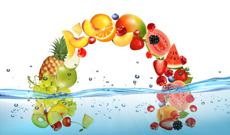 Fresh fruit and sweet berries in transparent water and oxygen bubble. Pineapple, banana, cherry, orange, guava, pear, lemon, peach, mango, papaya, grape, kiwi, strawberry, orange. Vector.のイラスト素材