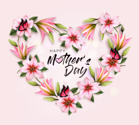Mother's day holiday background with colorful flowers shaped heart and butterflies. Vector.のイラスト素材