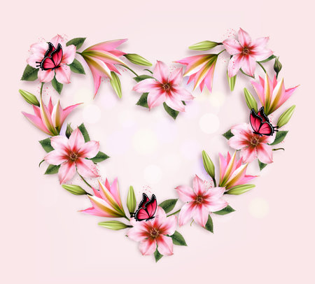 Holiday background with colorful flowers shaped heart and butterflies. Vector.のイラスト素材