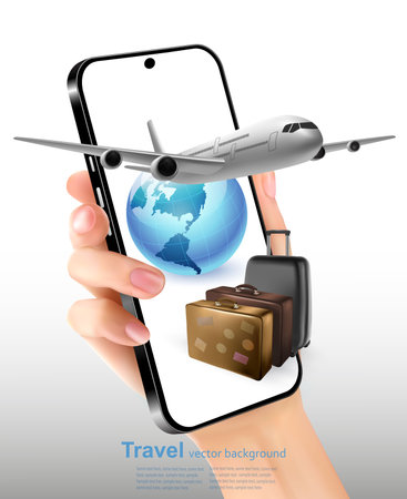 Tourist transport concept. Luggage, globe, airplane and smartphone in hand. Banner design for creating travel advertising. Vector.のイラスト素材