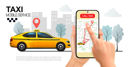 Taxi service concept. Yellow taxi car driving to the call place and hands holding smartphone with taxi service mobile app or ordering taxi online. Vectorのイラスト素材