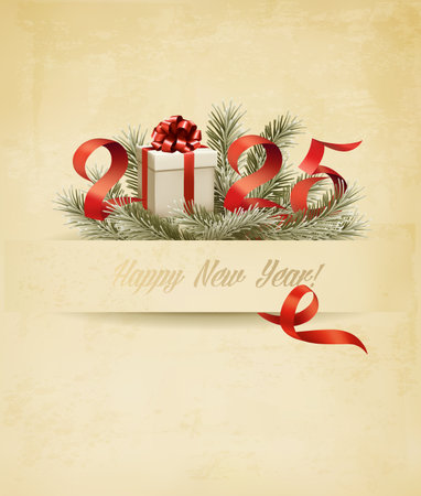 Happy New Year and Christmas retro holiday background with a 2025 and branch of tree and gift box. Vector.のイラスト素材