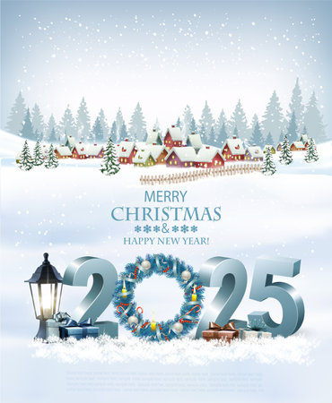 Merry Christmas and Happy New Year holiday background with colorful gift boxes and garland. Vector.のイラスト素材