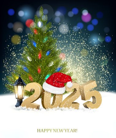 New Year and Merry Christmas Holiday Background with 2025 and colorful garland. Vector.のイラスト素材