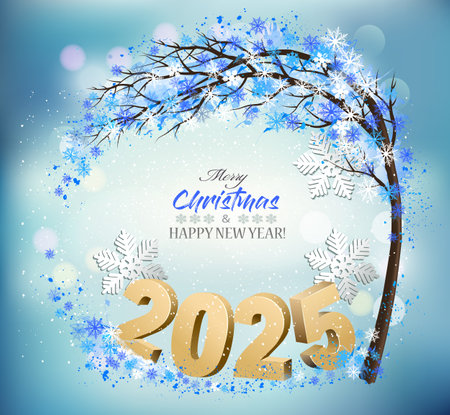 Merry Christmas and Happy New Year Background with 2025 letters and christmas tree with snowflakes. Vectorのイラスト素材