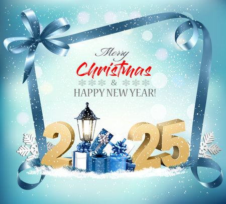 Holiday Christmas and Happy New Year background with a winter village and christmas trees. Vector.のイラスト素材