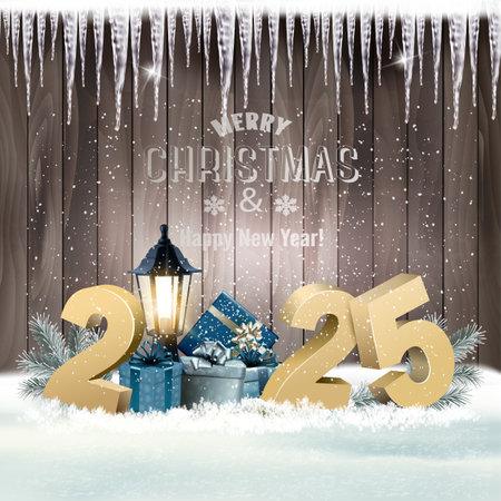 Christmas and New Year Holiday background with gift boxes and 2025 numbers. Vector.のイラスト素材