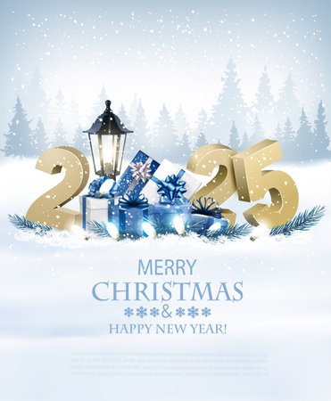 Merry Christmas Background with 2025 and gift boxes and garland.Vectorのイラスト素材